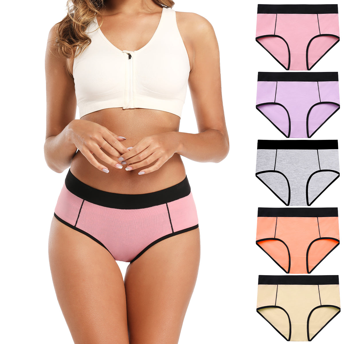 POKARLA Womens cotton Stretch Underwear Ladies Mid-high Waisted Briefs  Panties 5-Pack(Small